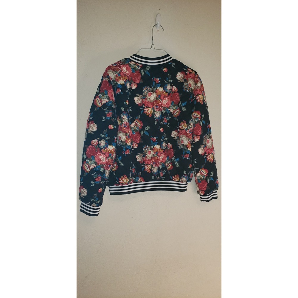 Umgee USA Floral Quilted Bomber Jacket Black Pink Rose Zip Up Ribbed Trim Medium